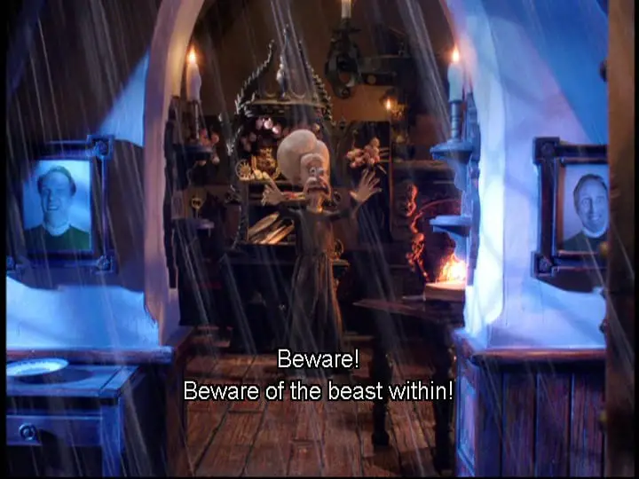 Reverend Clement Hedges (Nicholas Smith) cries out, "Beware! Beware of the beast within!", in the film, "Wallace & Gromit: The Curse of the Were-Rabbit" (2005).