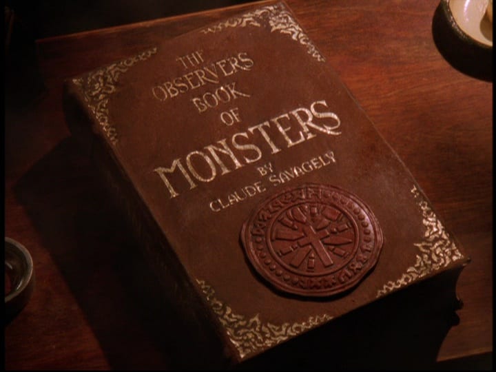 An old book whose cover reads, "The Observer's Book of Monsters by Claude Savagely," in the film, "Wallace & Gromit: The Curse of the Were-Rabbit" (2005).