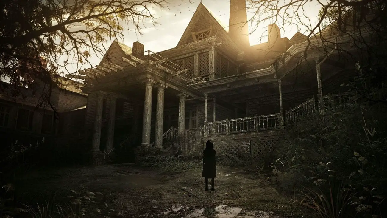 Title for Resident Evil 7 shows the Baker house with the shadow of a little girl standing in the foreground