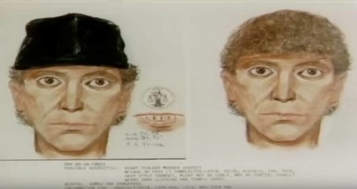 Police Sketch of Richard Ramirez. 2 pictures one with black hat on the left side. On the right side one with out. Lightskin White or Latino man who is gaunt and has curly hair. .