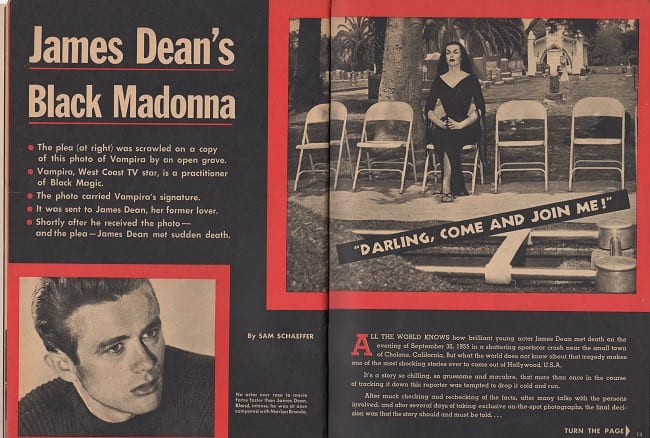 Magazine spread featuring Maila Nurmi as Vampira in a photograph with article title "James Deans Black Madonna."