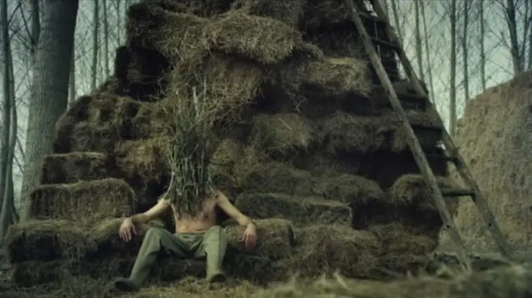 A man wearing trousers and shoes but no shirt has a face covered in grass and twigs and sits on a throne of hay bales. A ladder is propped against it on the right side.