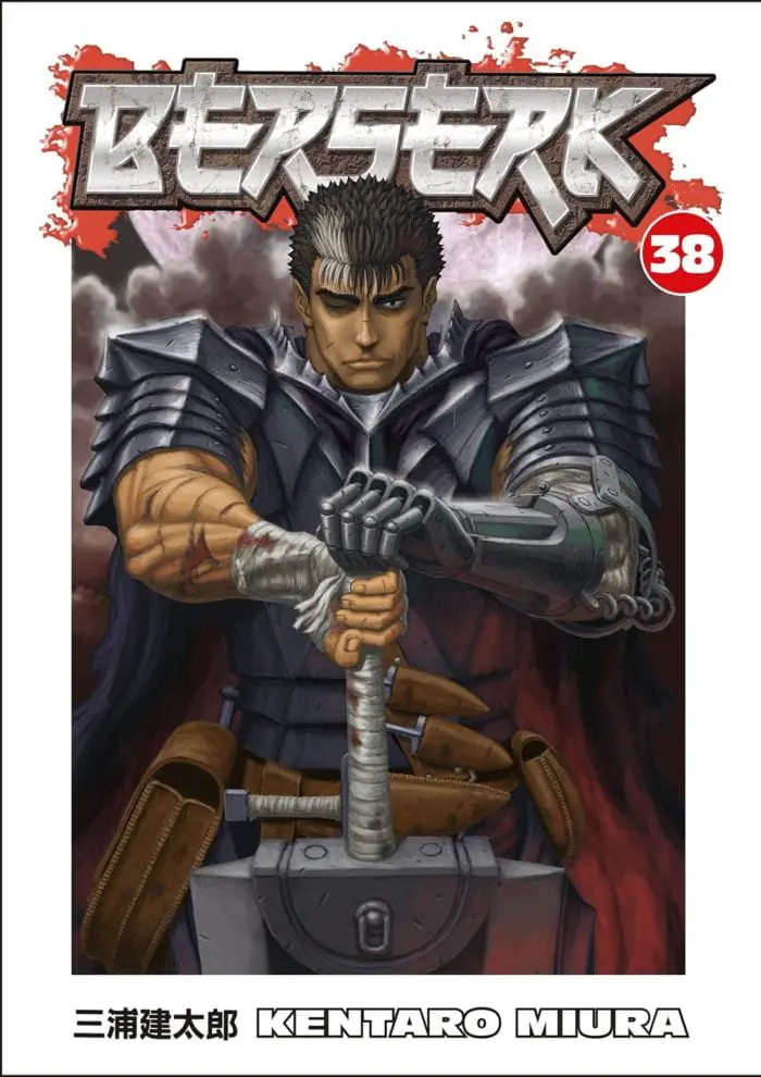 A manga cover for BERSERK featuring Guts the swordsman standing with both hands resting on the hilt of his sword