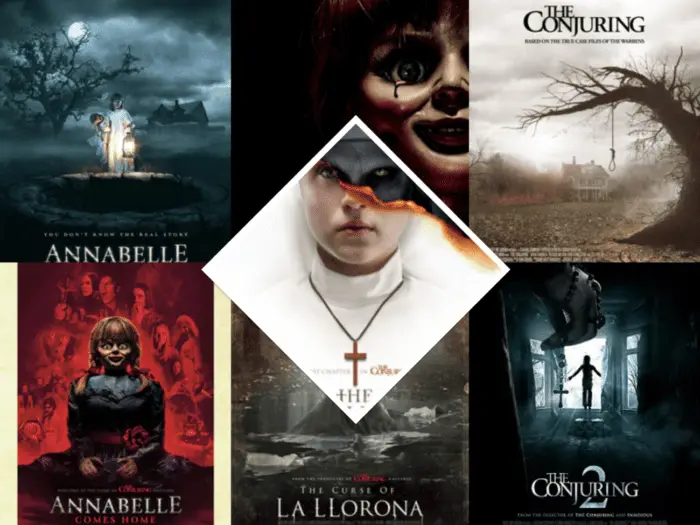 In this photo, there are 7 photos. A collage of all the movie posters from each movie in the Conjuring Universe.