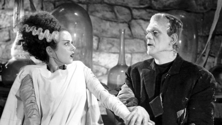 Frankenstein and the Bride of Frankenstein look at each other in the lab.
