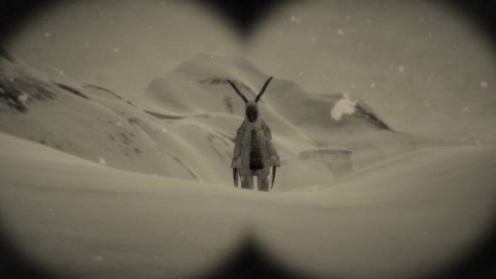 A masked, horned humanoid stands on a snowy ridge