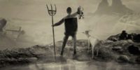 Curdin stands on the edge of a cliff holding a pitchfork and lantern. Next to him stands a goat.