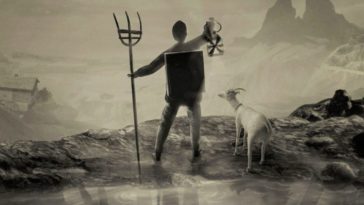 Curdin stands on the edge of a cliff holding a pitchfork and lantern. Next to him stands a goat.