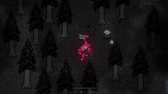 The player character stands in a clearing in the woods. The skinned corpse of a deer rests on the ground.