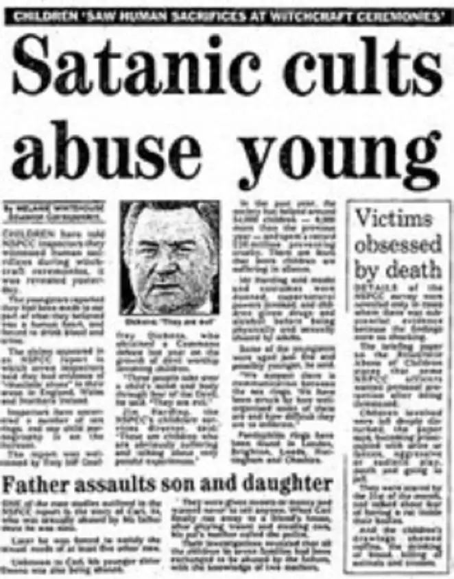 Newspaper with headline "Satanic cults abuse young."
