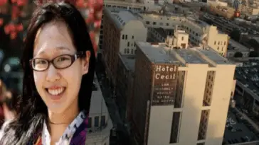 In this photo is a collage. The picture on the left is of Elisa Lam with her glasses smiling. In the picture on the right it is a far off shot of the Cecil Hotel