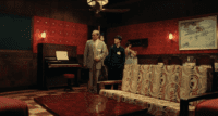 From left to right: wide shot of Hilbert, Pascal, Galois, and Oliva entering Fermat's room