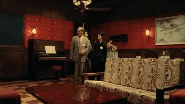 From left to right: wide shot of Hilbert, Pascal, Galois, and Oliva entering Fermat's room