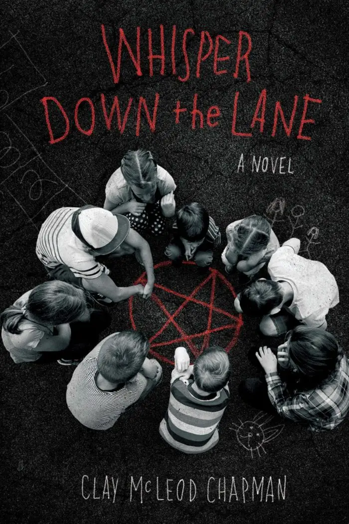 Book cover for Whisper Down the Lane shows a group of kids kneeling in front of a chalk pentagram
