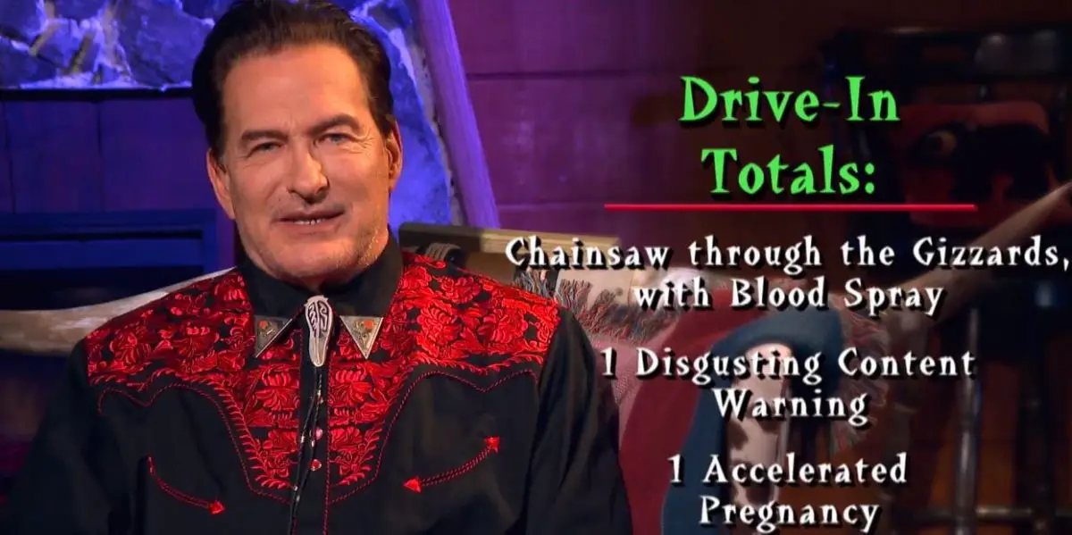 Joe Bob Briggs listing the Drive-In Totals for Fried Barry