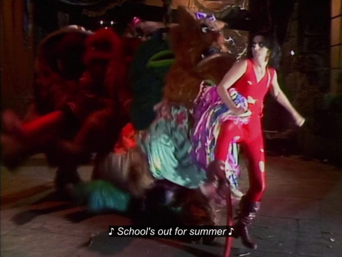 Alice Cooper leads a conga line of life-sized Muppet monsters while singing, "School's out for summer," in the TV show, "The Muppet Show."