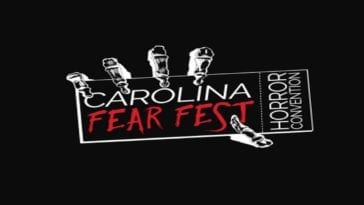 An illustration of a skeleton hand holding a card that reads "CAROLINA FEAR FEST" in the center, and "HORROR CONVENTION) vertically on the right side. Everything is white on a black background, except for the text "FEAR FEST", which is red.
