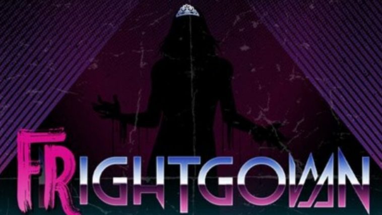 a shadowy figure wears a tiara through a triangular pattern of purple lines. the word FRIGHTGOWN is displayed