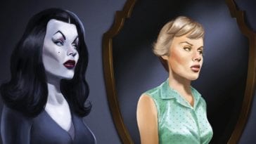 Illustration of of Vampira with Maila Nurmi with no makeup reflected in the mirror.