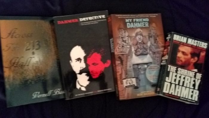 An array of books about Jeffrey Dahmer.
