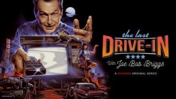 Cartoon image of Joe Bob holding a remote above a drive-in screen