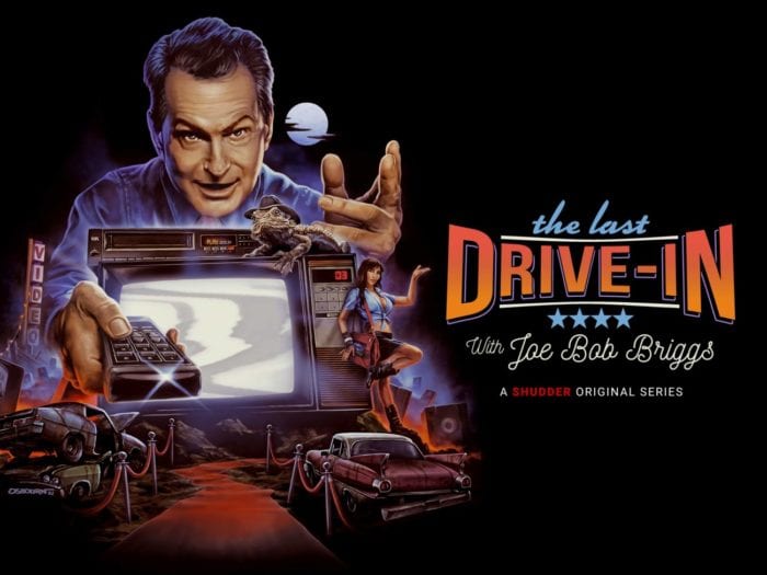 Cartoon image of Joe Bob holding a remote above a drive-in screen