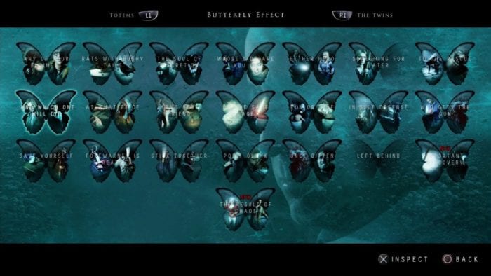 A screengrab from Until Dawn showing the outcomes of each individual story beat, based on the player's decision 