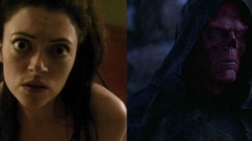 On the left, Hannah Fierman as Lily in V/H/S, a pale woman illuminated by soft light, her eyes wide and her dark hair falling across her shoulders. On the right, Ross Marquand as Red Skull in Avengers: Infinity War. He is wearing a tattered black cloak, a hood only revealing his face, red and grizzled.