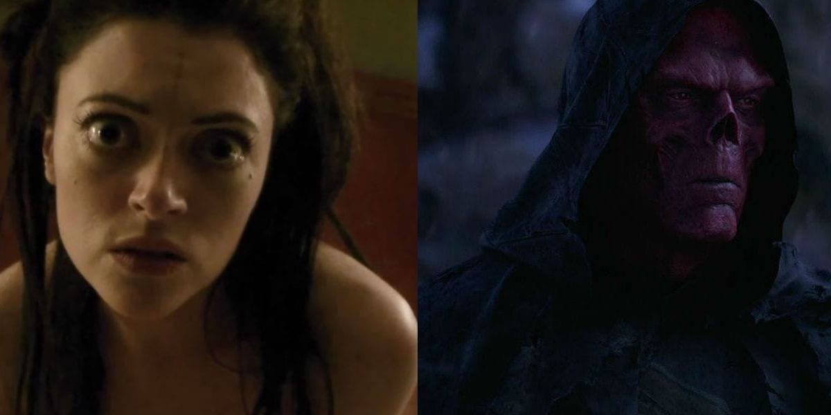 On the left, Hannah Fierman as Lily in V/H/S, a pale woman illuminated by soft light, her eyes wide and her dark hair falling across her shoulders. On the right, Ross Marquand as Red Skull in Avengers: Infinity War. He is wearing a tattered black cloak, a hood only revealing his face, red and grizzled.