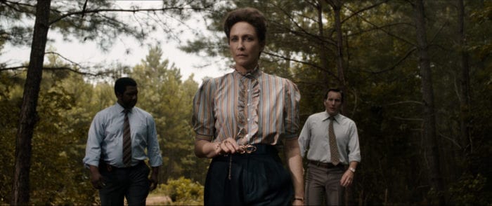 (L-r) KEITH ARTHUR BOLDEN as Sgt. Clay, VERA FARMIGA as Lorraine Warren and PATRICK WILSON as Ed Warren and in New Line Cinema’s horror film “THE CONJURING: THE DEVIL MADE ME DO IT,” a Warner Bros. Pictures release.