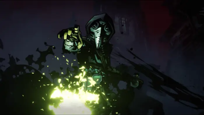 A plague doctor throws down a vial of corrosive acid