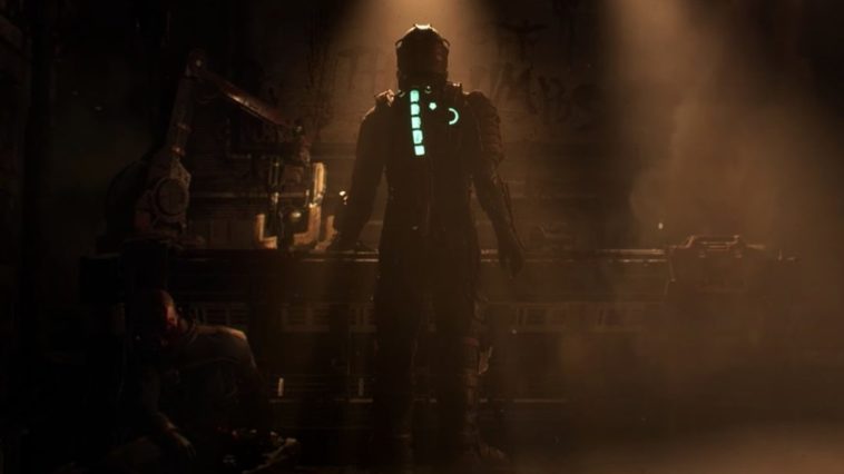 Isaac Clarke faces away from the camera in his R.I.G spacesuit