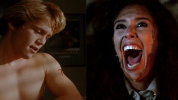 On the left, Brian Krause as Charles Brady in Sleepwalkers, a young, white, blonde boy with a flesh self-administered cut on his upper left arm, sitting shirtless in front of a window. He is illuminated by sunlight peeking through the blinds. On the right, Felissa Rose as Angela Baker in Return to Sleepaway Camp, a tan woman with messy dark hair. Her mouth is opened wide in an exclamation, her face illuminated by fiery light. There is a dark film peeling away from the center of her face.
