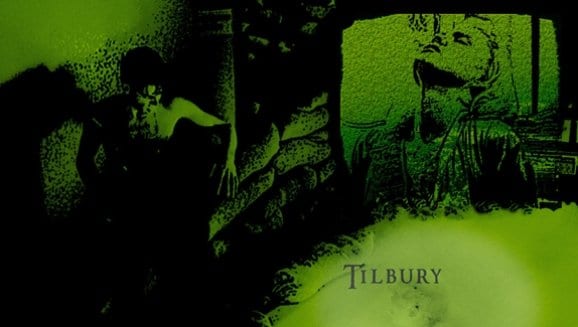 A promotional image for the film Tilbury. Heavily saturated green and blacks show a man climbing some stairs and a woman leaning upwards with her eyes closed