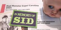 Image of a Mad Monster Expo ticket with a creepy baby doll head, a card with "Fright Night's" Peter Vincent and Charlie Brewster, and a patch memorializing Sid Haig.