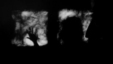 A silhouette of a person stands at a window.
