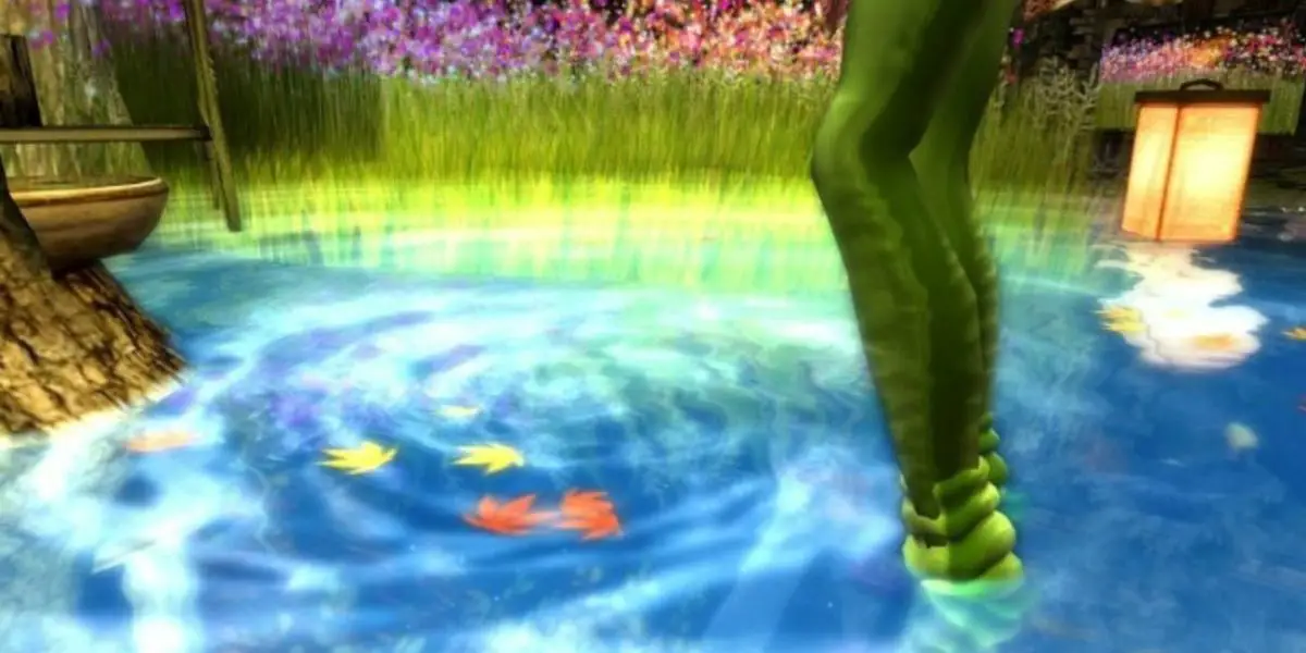 A colorful painting of emerald green legs standing in a bright blue pool of water with a white misty swirl going through it.