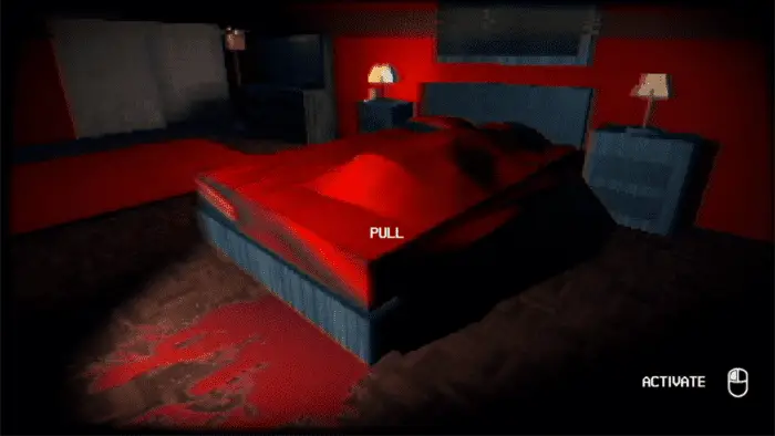 a bed with red sheets. a lump is visible under the sheet