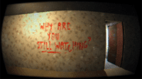 viewed through a peephole, a yellow wall shows a message painted in red. "why are you still watching?"