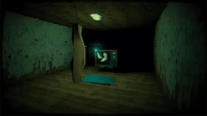 a bodybag hangs from the ceiling. a small TV sits in the center of the room
