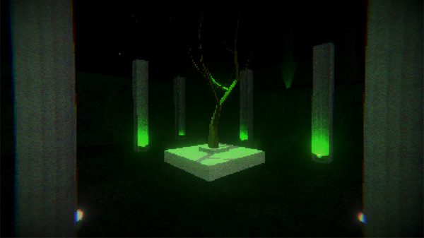A dead tree sits in a dark room with green lights