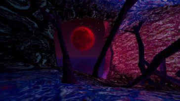 A scene where tentacles come out of the ground and an eerie blood red moon in the sky