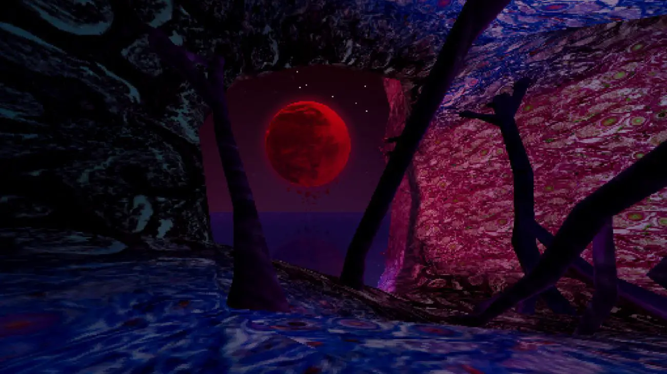 A scene where tentacles come out of the ground and an eerie blood red moon in the sky