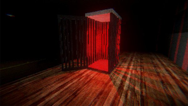 A wooden booth lit with red lighting sits in the middle of a room