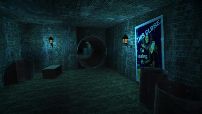 a sewer with several pipes leading off in different directions. A poster on the wall reads "I am this close to losing it"