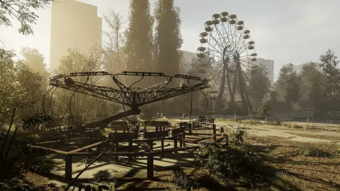 the abandoned amusement rides of Chernobyl sit gathering dust and moss, overgrowing with years of loneliness 