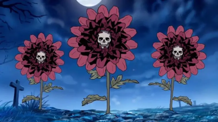 A trio of mums bloom under a graveyard's moonlit sky