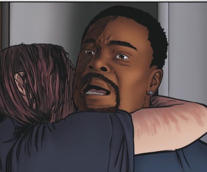 Comic book panel of a young man screaming as he is embraced.