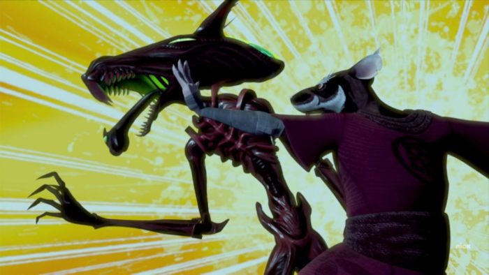 Master Splinter, a brown, black, and white humanoid rat wearing a burgundy robe and gray arm bandages attacking a squirrelanoid, a deep blood red xenomorhp-esque creature with a bright green glow emitting from its mouth and a long tongue sticking out that appears to have another head. The background is a dynamic yellow, white sunray-like designs protruding from where Splinter stands.