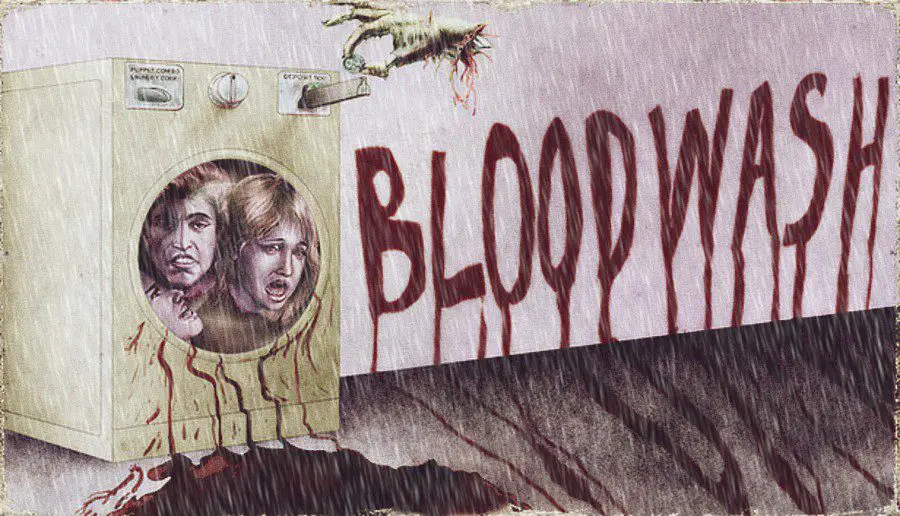 a washing machine full of screaming human heads. the words BLOODWASH are written on the wall in blood